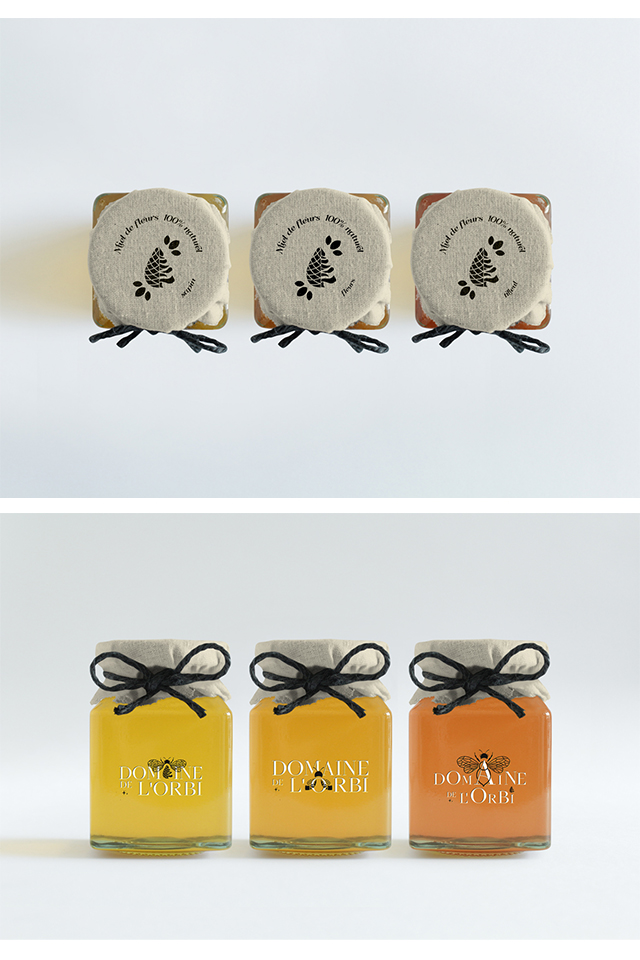 Déclinaison de l'identité visuelle sur un packaging de pots de miel, issu du Domaine de l'Orbi