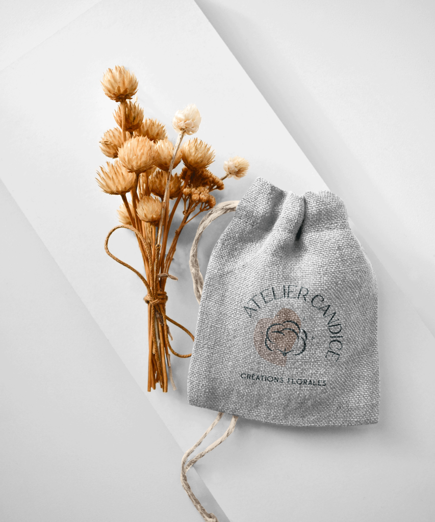 Impression sur petit sachet en toile de jute pour l'Atelier Candice