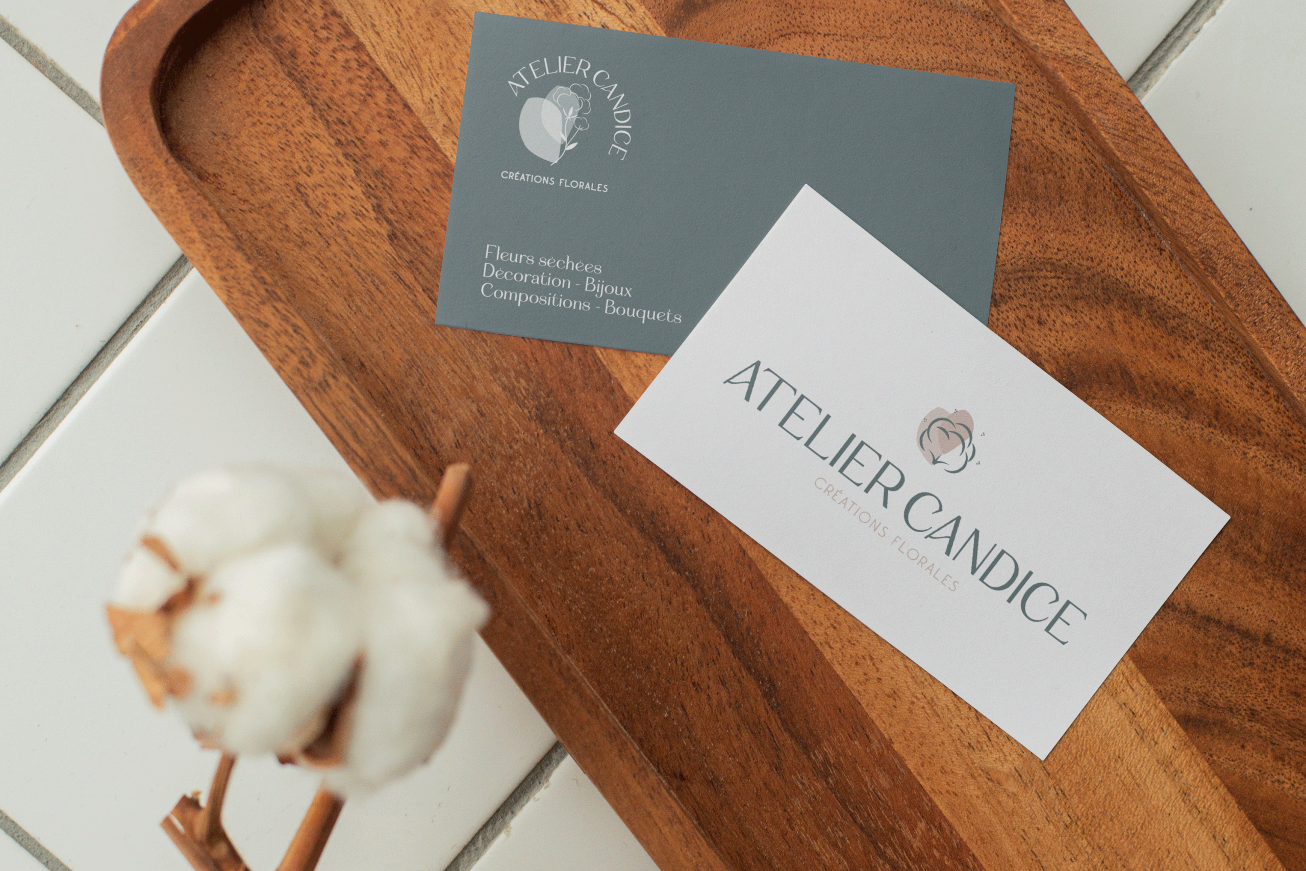 Création de cartes de visite avec la déclinaison de l'identité visuelle de l'Atelier Candice