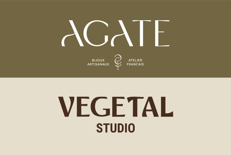 Un logo minimaliste avec les exemples des marques AGATE et VEGETAL STUDIO. Une police travaillée avec finesse et un symbole façonné à 100%.