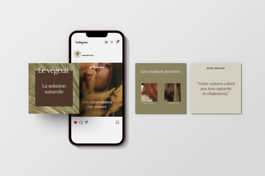 Stratégie de contenu pour les réseaux sociaux de VEGETAL STUDIO. Création de templates Instagram sur-mesure en respectant l'identité visuelle de la marque.