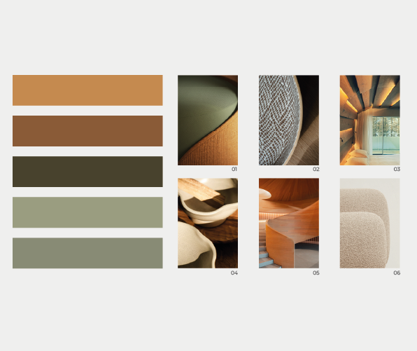 Palette de couleurs pour la marque INSIDESIGN. Tons raffinés, mélange de textures végétales et de matériaux précieux.