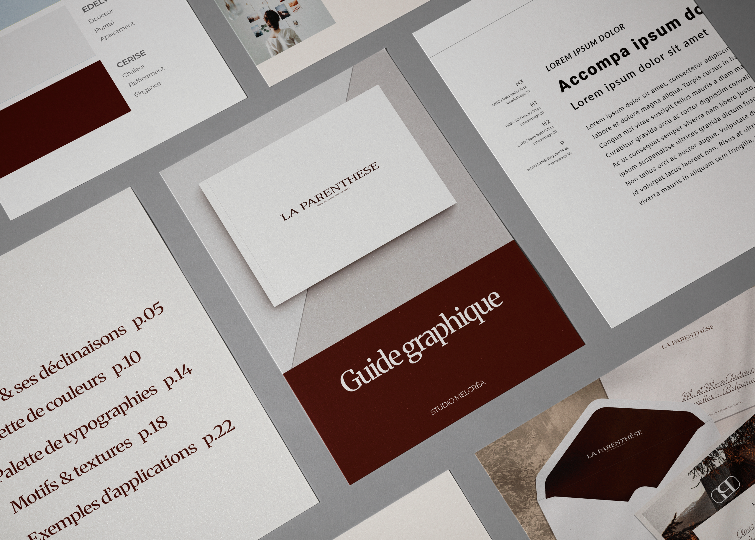 Le guide graphique, nommé communément la charte graphique qui rassemble tous les éléments de l'identité visuelle de l'hôtel.